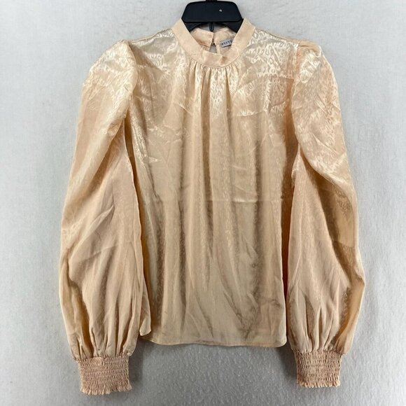 HYFVE Blouse L Light Pink Textured Satin Puff Long Sleeves Elastic Cuff Shirred - Picture 1 of 14